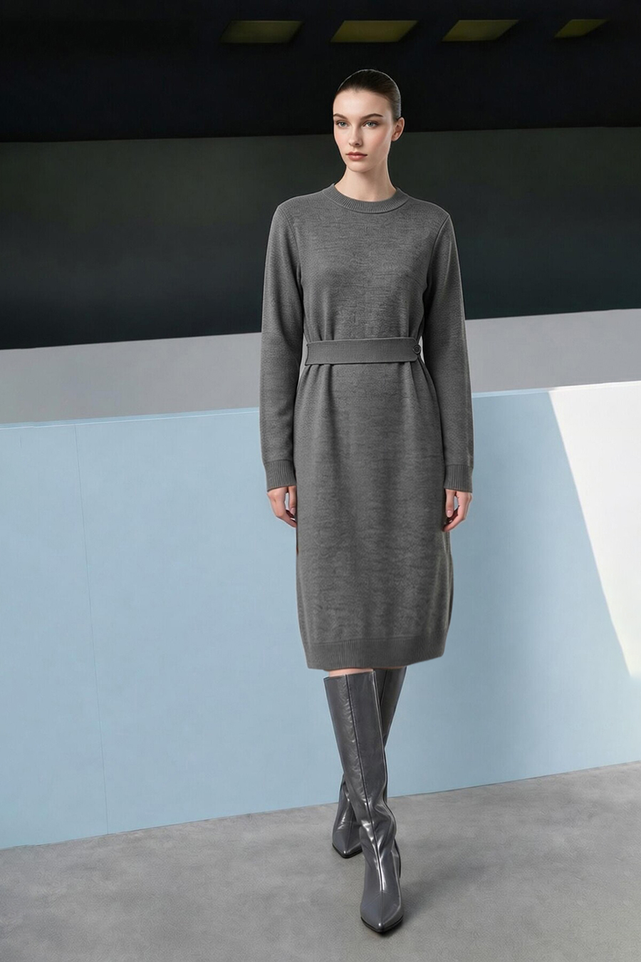 Mock Neck Belted Dress|AMII