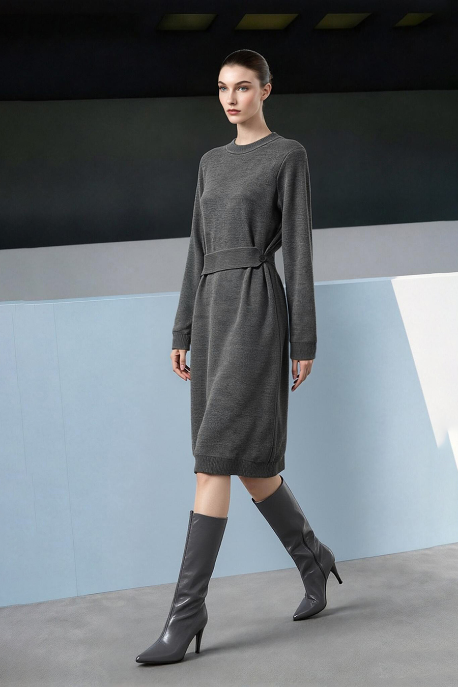 Mock Neck Belted Dress|AMII