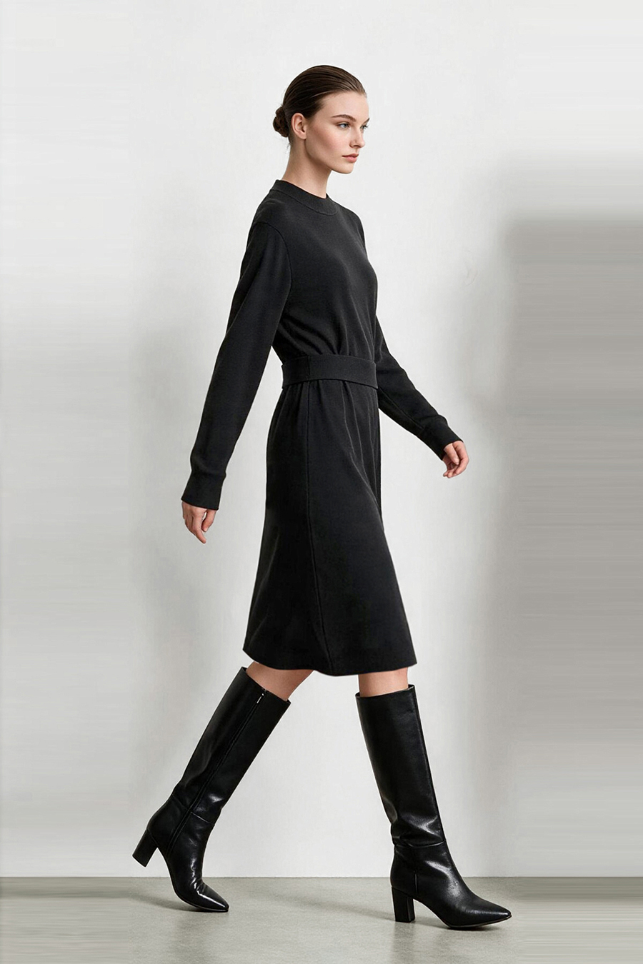 Mock Neck Belted Dress|AMII