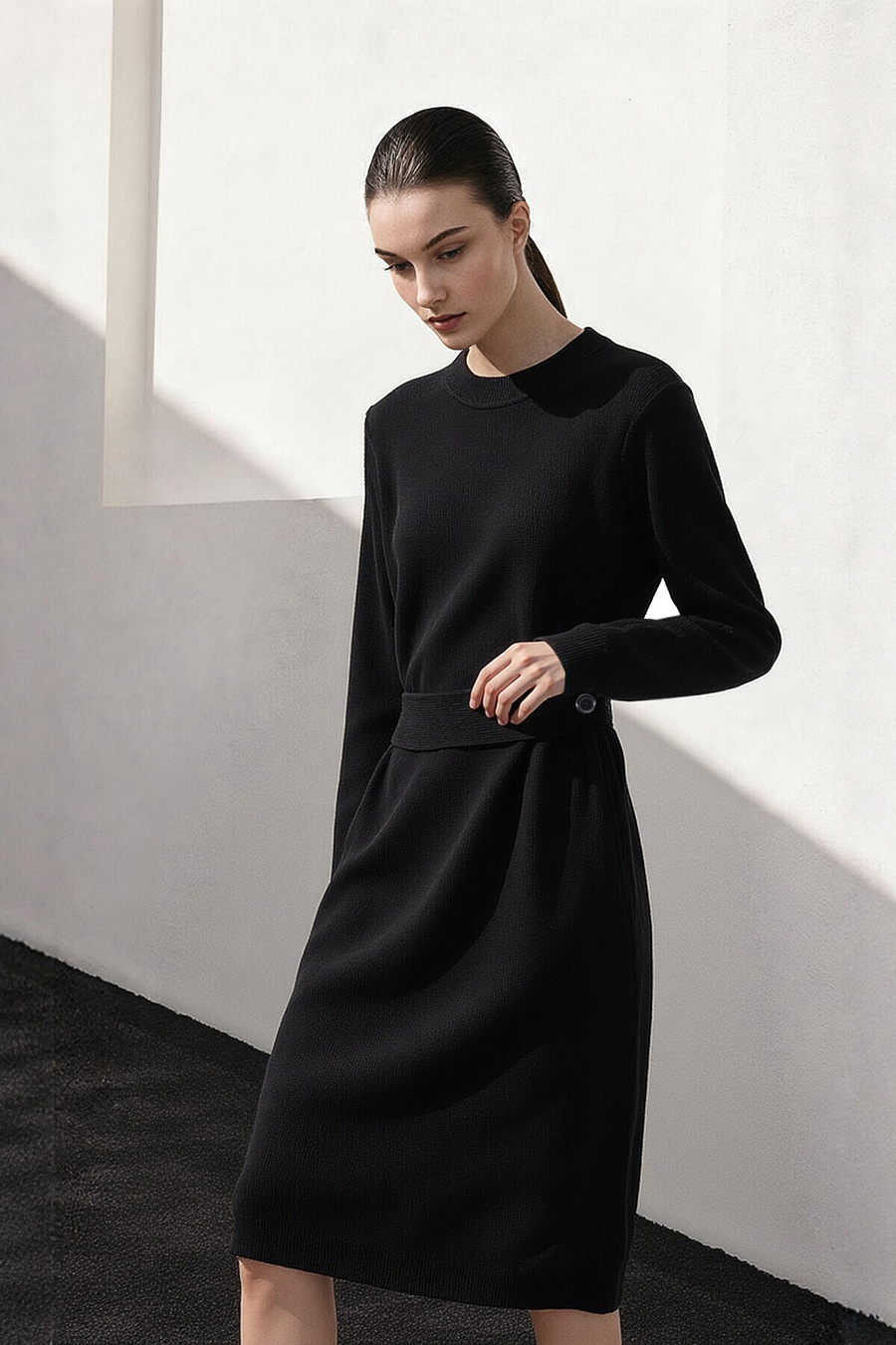 Mock Neck Belted Dress|AMII
