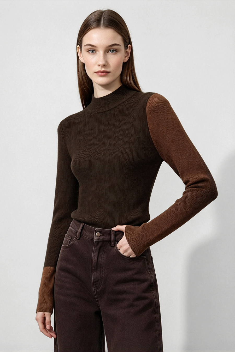 Mock Neck Color-Block Sweater|AMII
