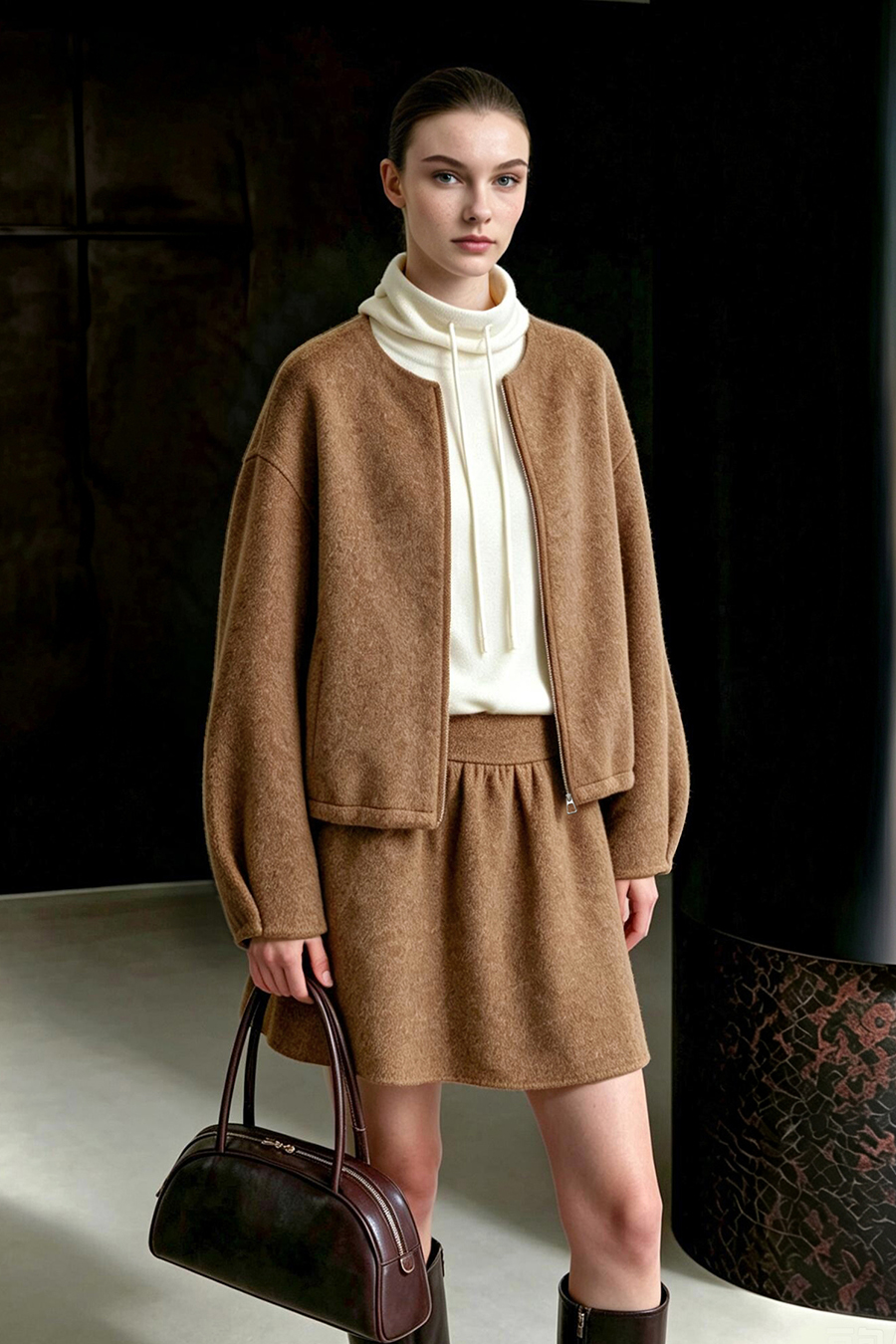 Crew Neck Wool Double-Faced Coat|AMII