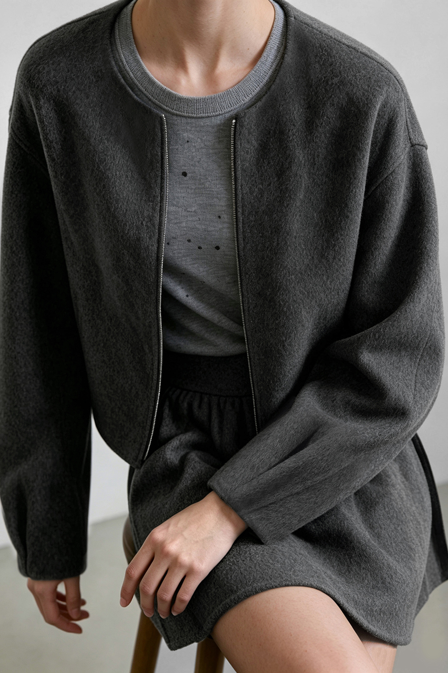 Crew Neck Wool Double-Faced Coat|AMII