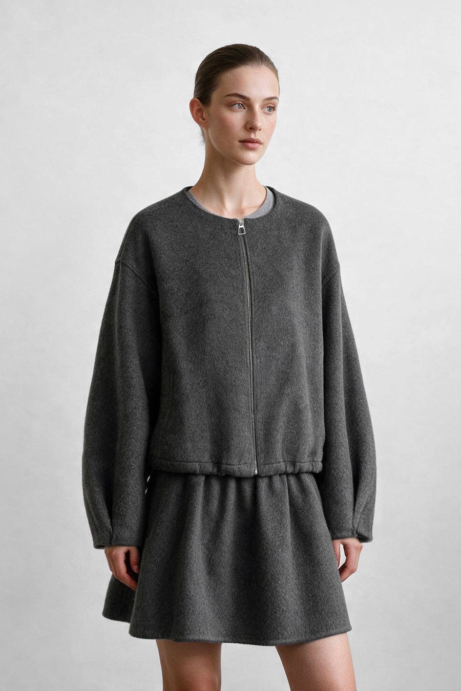 Crew Neck Wool Double-Faced Coat|AMII