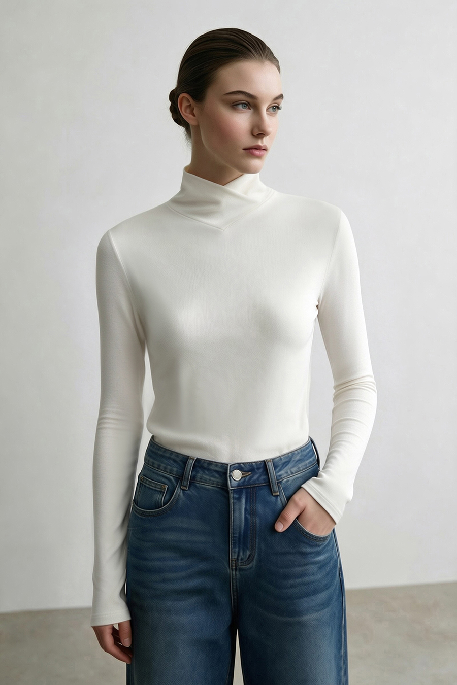 Mock Neck Brushed T-Shirt|AMII