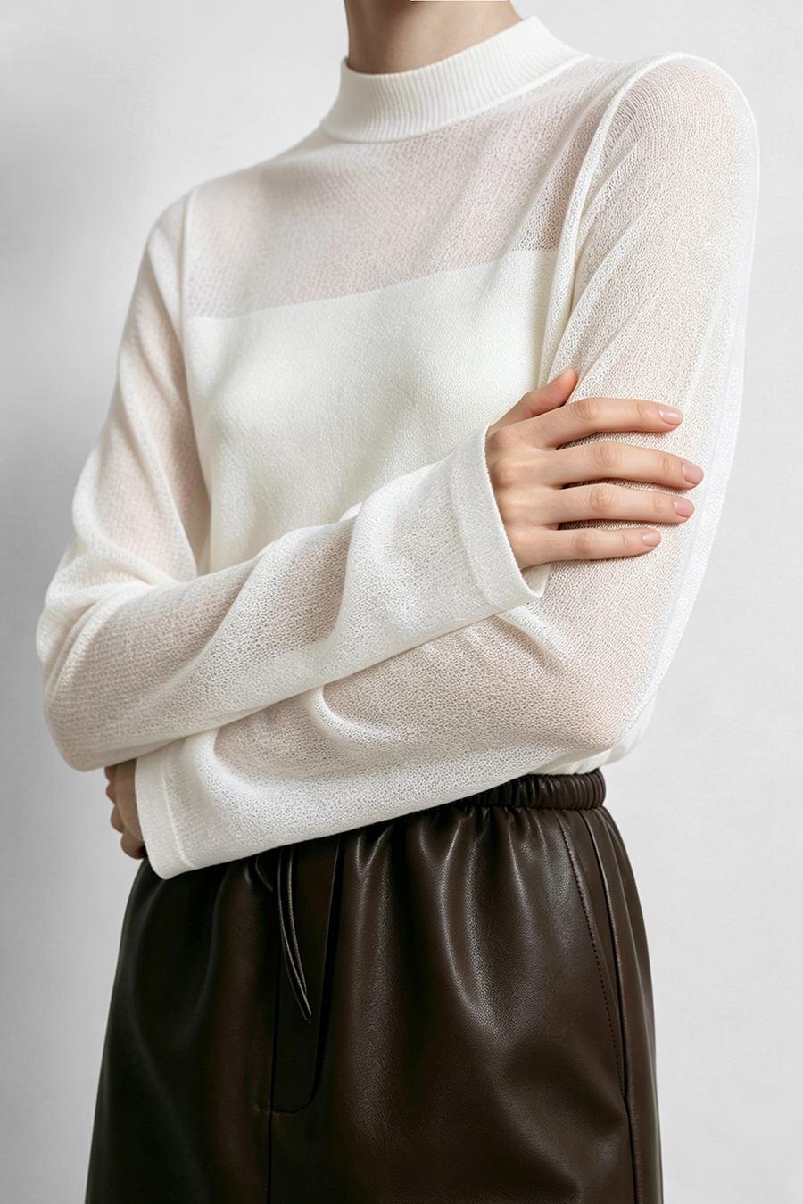 Contrast Spliced Sheer Knit Sweater|AMII