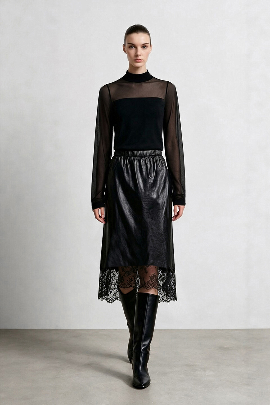 Contrast Spliced Sheer Knit Sweater|AMII