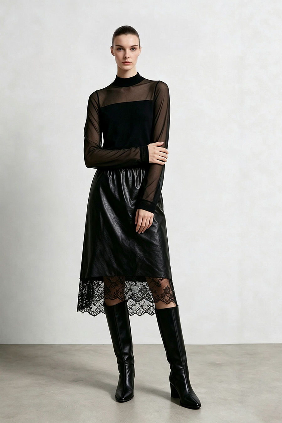 Contrast Spliced Sheer Knit Sweater|AMII