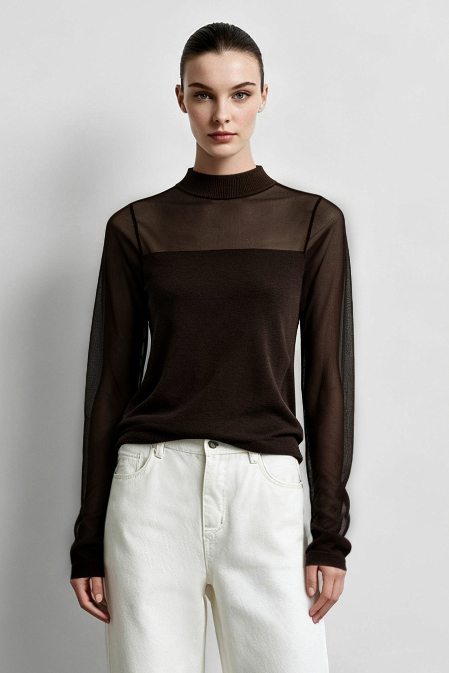 Contrast Spliced Sheer Knit Sweater|AMII