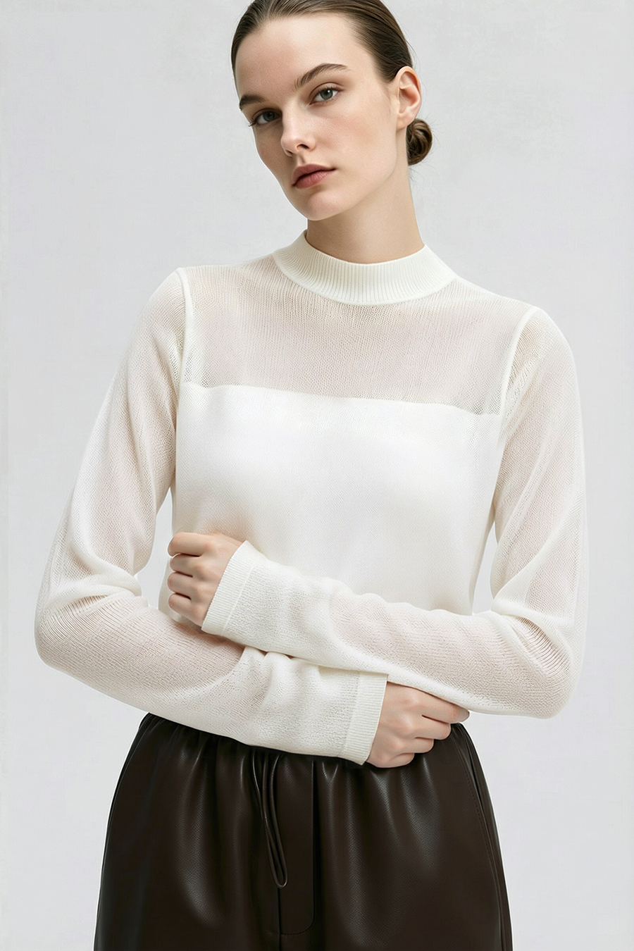 Contrast Spliced Sheer Knit Sweater|AMII