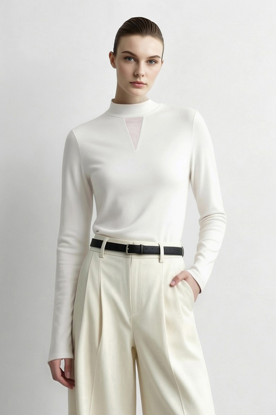 Mesh-Paneled Mock Neck T-Shirt|AMII