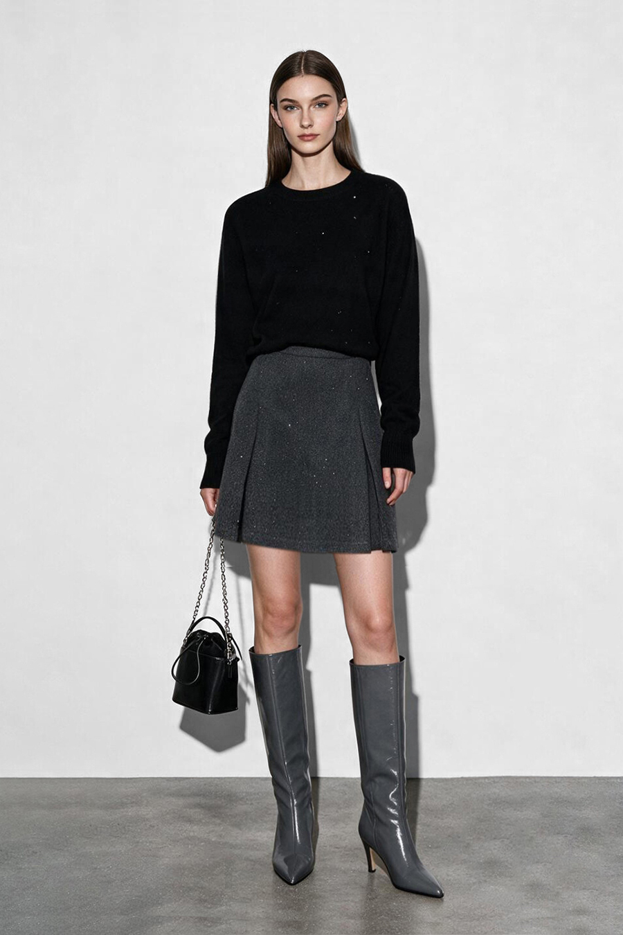 Silver Foil Knit Wool Skirt|AMII