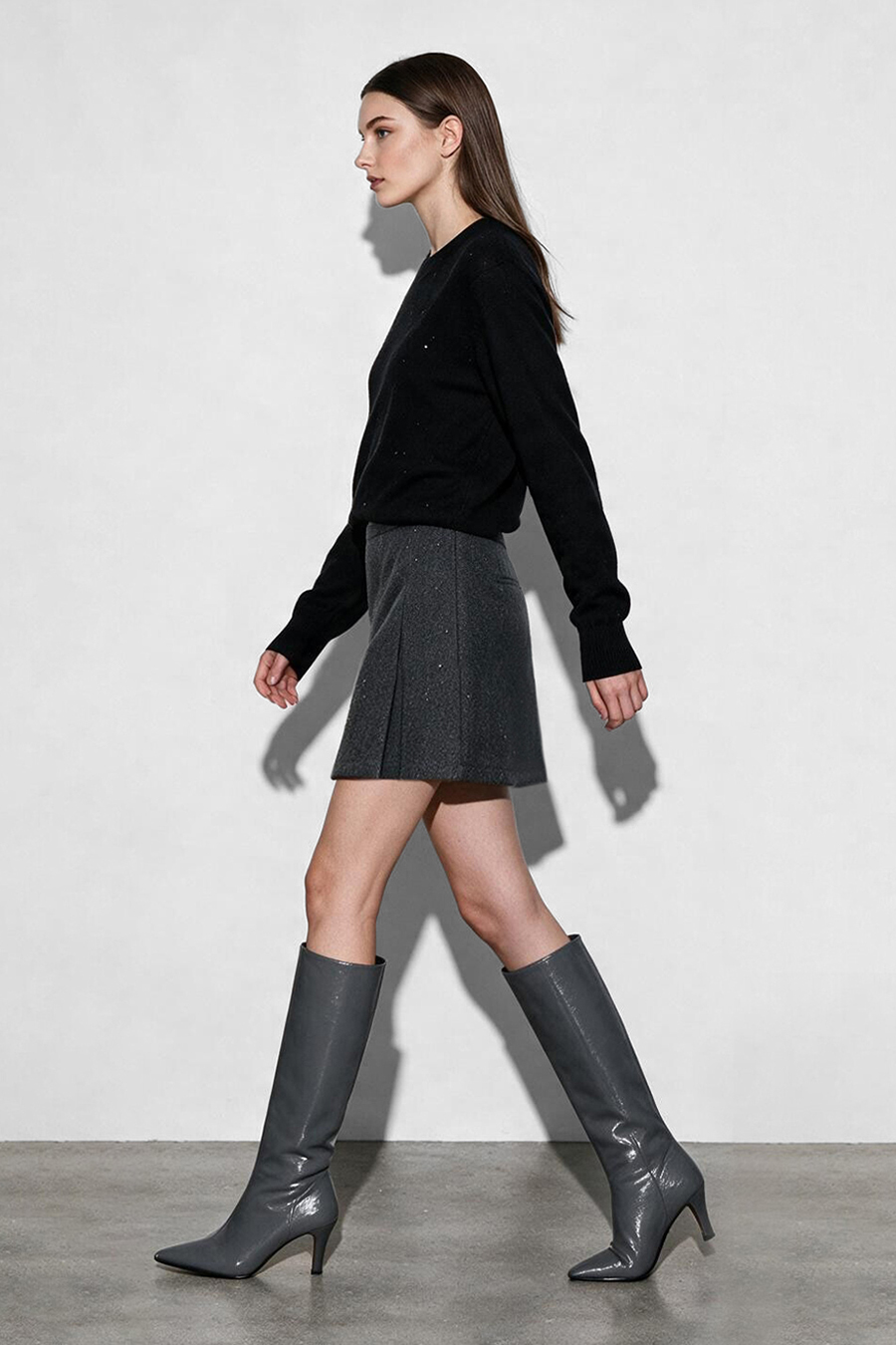 Silver Foil Knit Wool Skirt|AMII