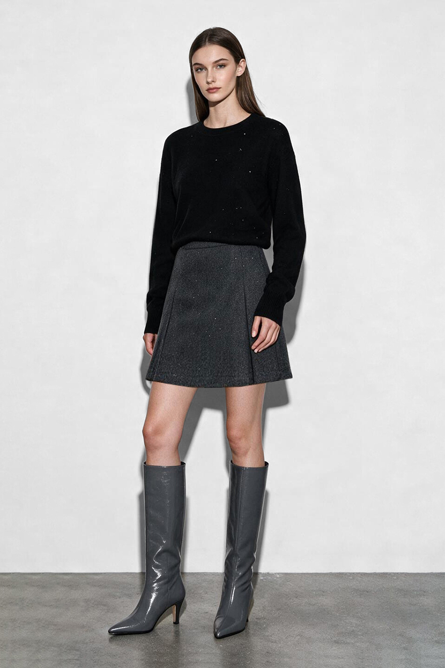 Silver Foil Knit Wool Skirt|AMII