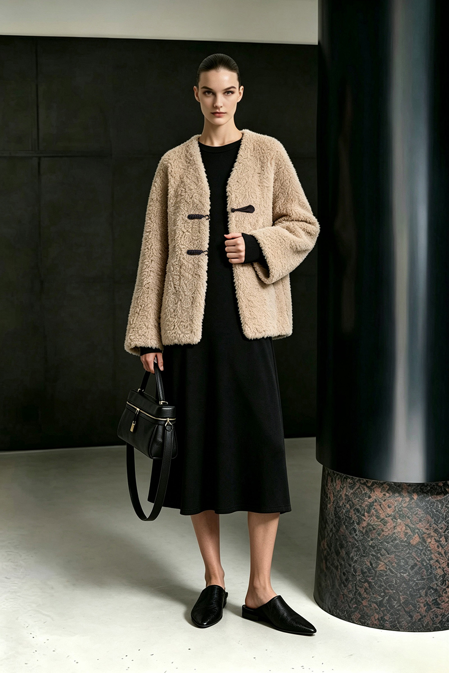 V-Neck Bouclé Fleece Fur Coat|AMII