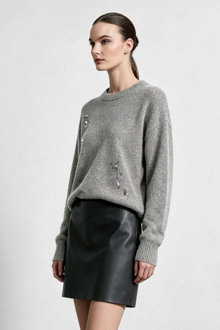 Silver Metallic Fancy Yarn Beaded Sweater|AMII