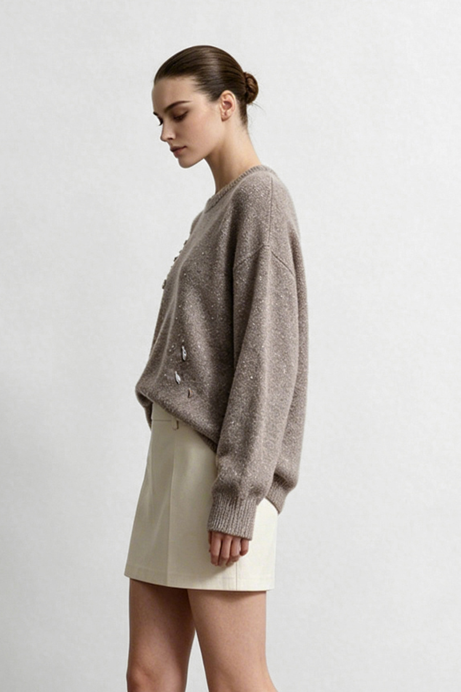 Silver Metallic Fancy Yarn Beaded Sweater|AMII