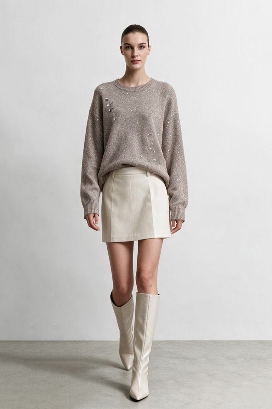 Silver Metallic Fancy Yarn Beaded Sweater|AMII