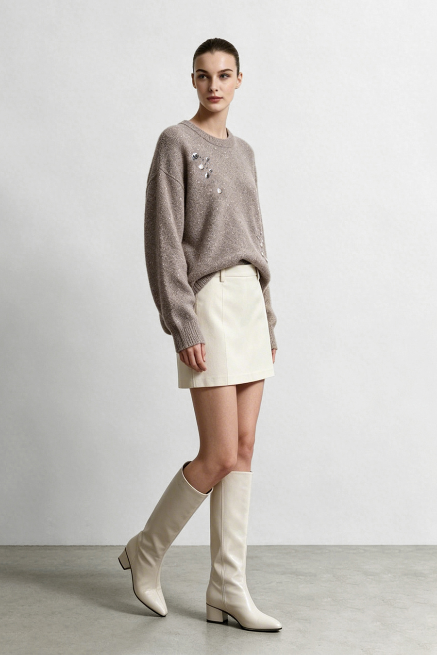 Silver Metallic Fancy Yarn Beaded Sweater|AMII