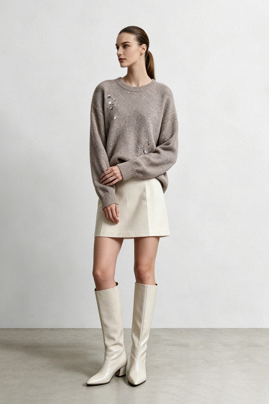 Silver Metallic Fancy Yarn Beaded Sweater|AMII