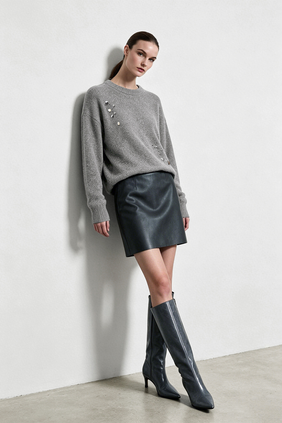 Silver Metallic Fancy Yarn Beaded Sweater|AMII
