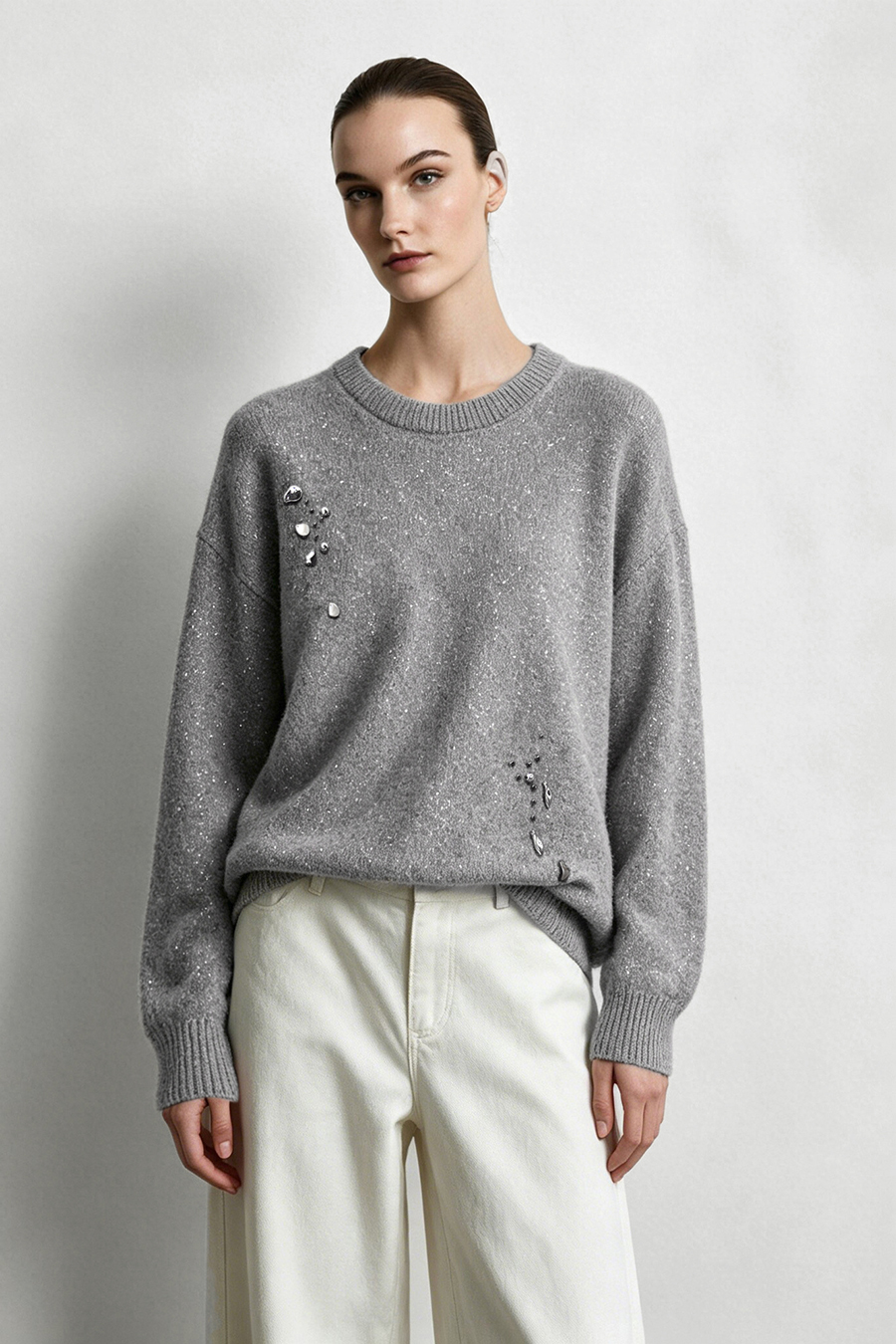 Silver Metallic Fancy Yarn Beaded Sweater|AMII