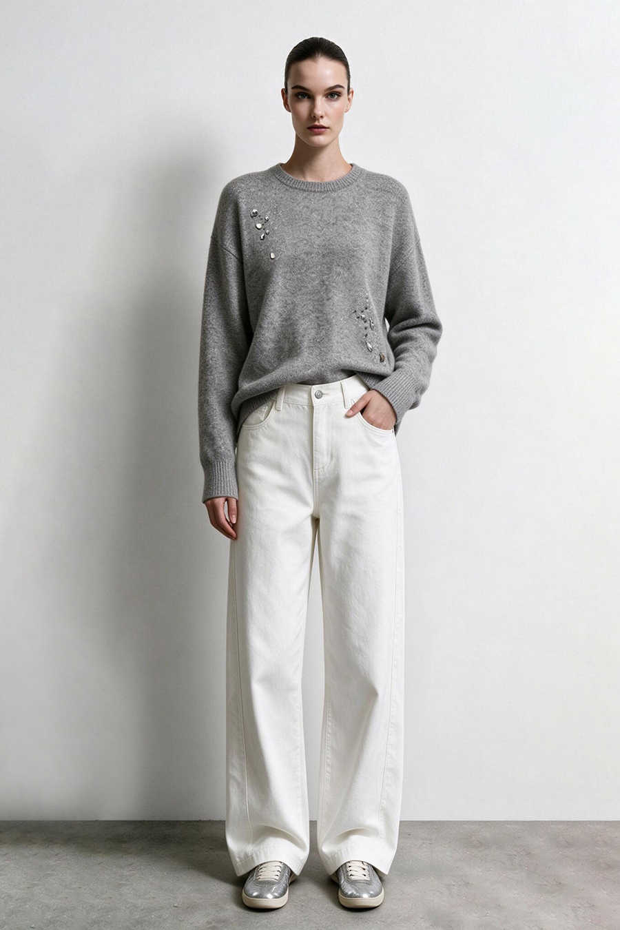Silver Metallic Fancy Yarn Beaded Sweater|AMII