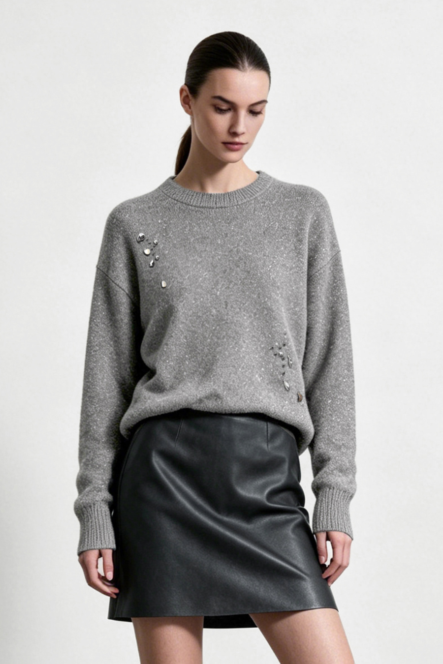 Silver Metallic Fancy Yarn Beaded Sweater|AMII