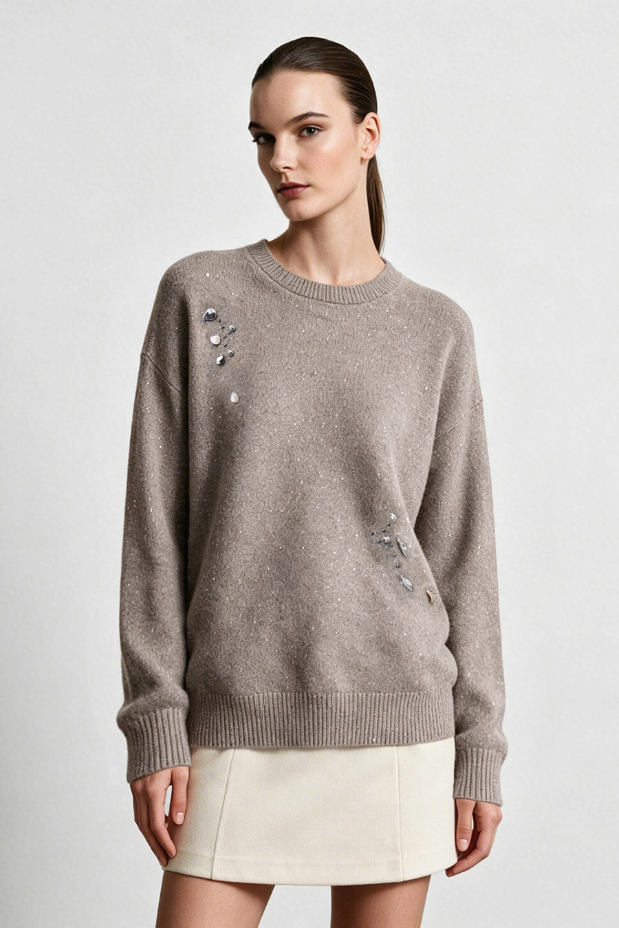 Silver Metallic Fancy Yarn Beaded Sweater|AMII