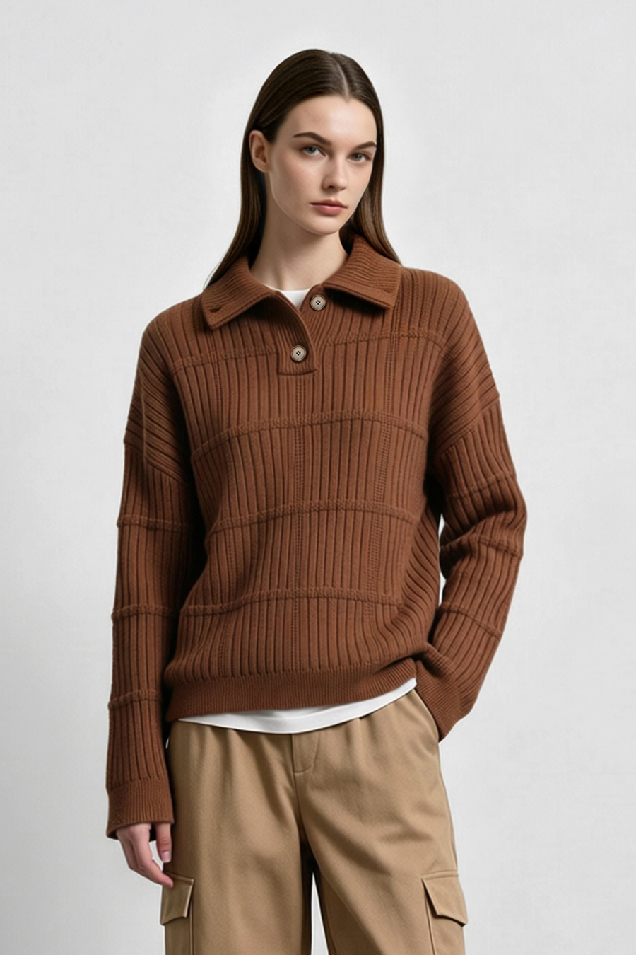 Button Half-Placket Sweater|AMII