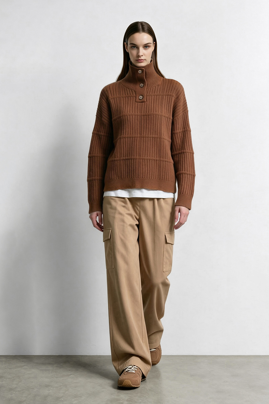 Button Half-Placket Sweater|AMII