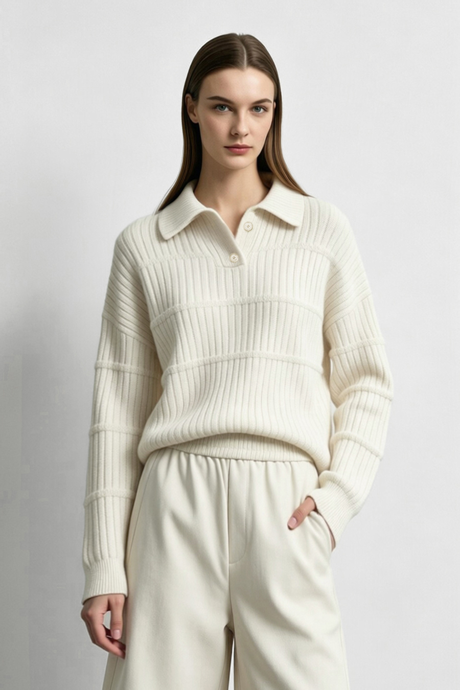Button Half-Placket Sweater|AMII