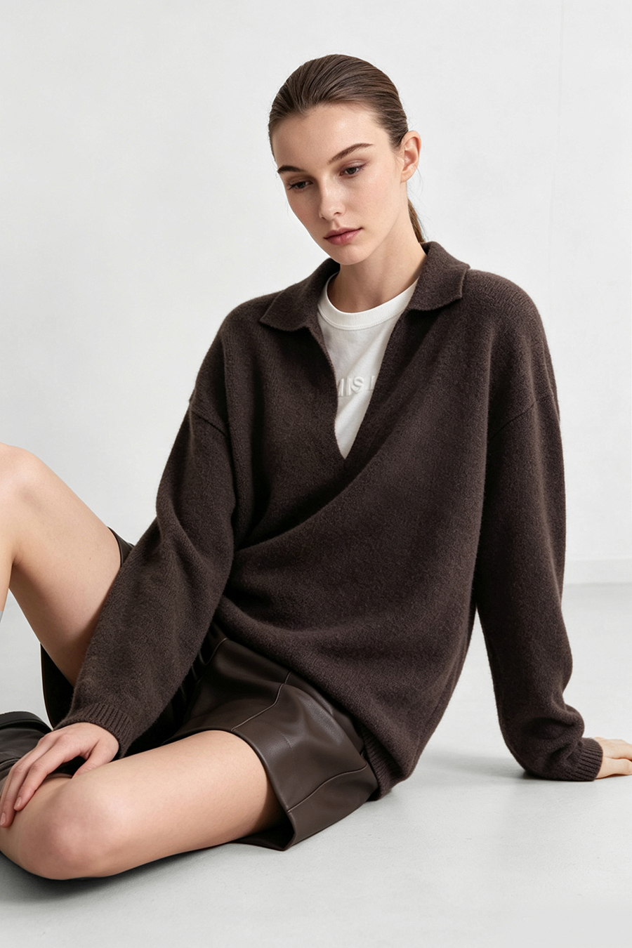 Lapel Collar Drop-Shoulder Sweater|AMII