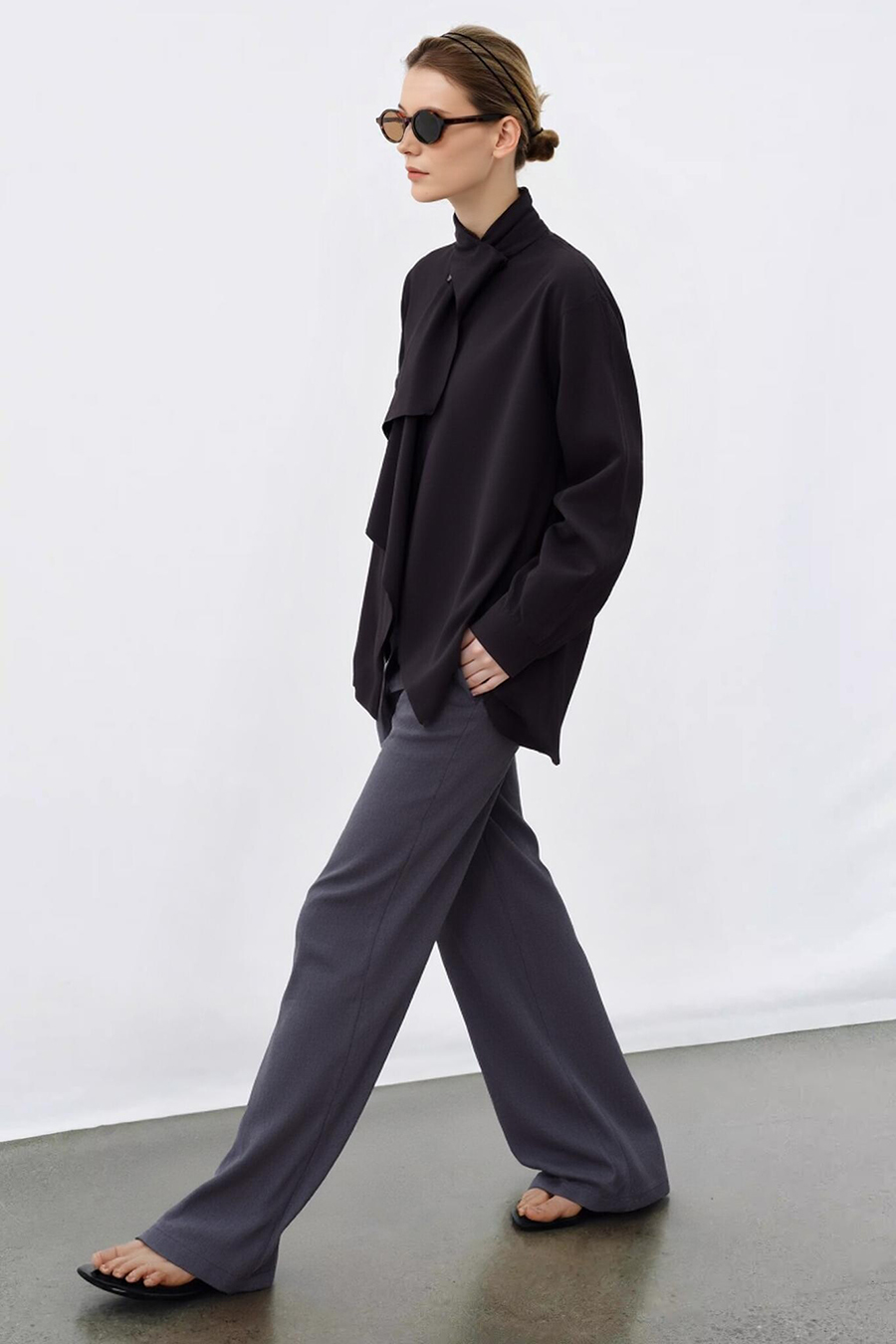 Beaded Ribbon Stand Collar Shirt|AMII