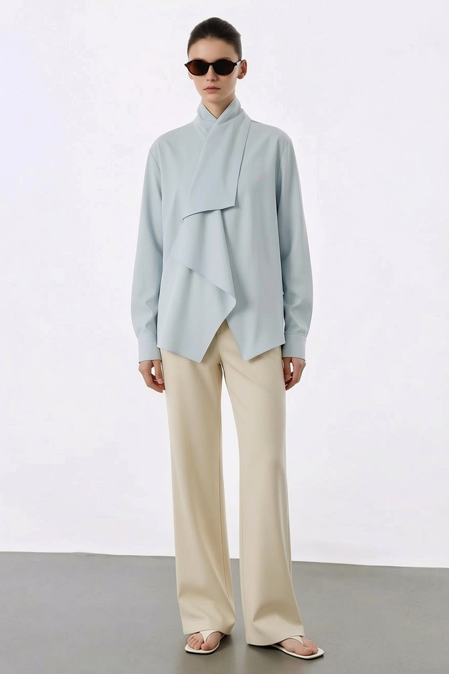 Beaded Ribbon Stand Collar Shirt|AMII