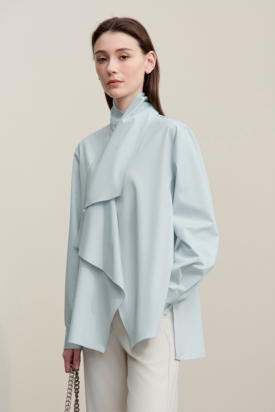 Beaded Ribbon Stand Collar Shirt|AMII-AMII.com