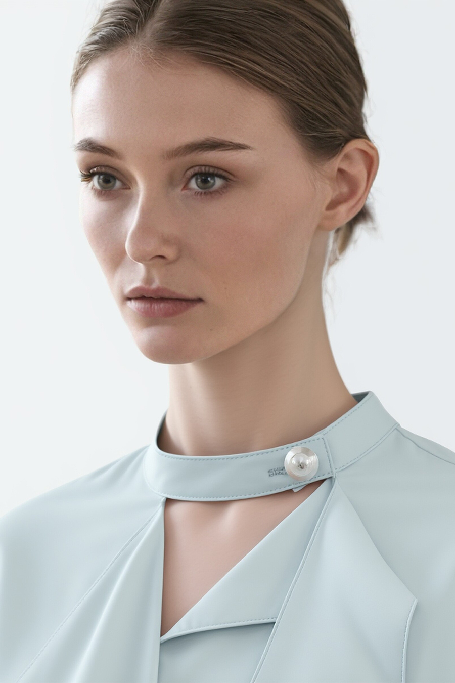 Beaded Ribbon Stand Collar Shirt|AMII