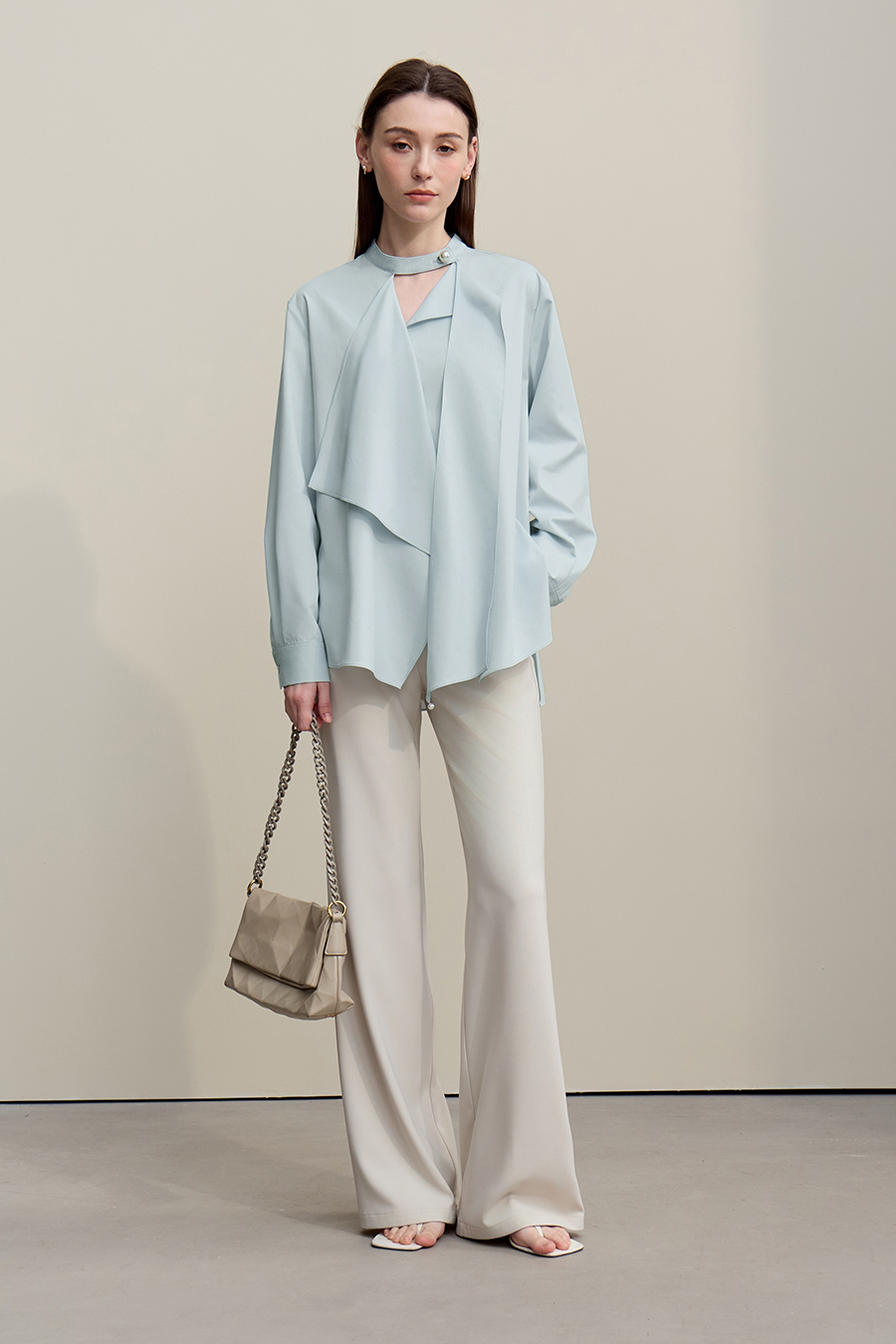 Beaded Ribbon Stand Collar Shirt|AMII-AMII.com