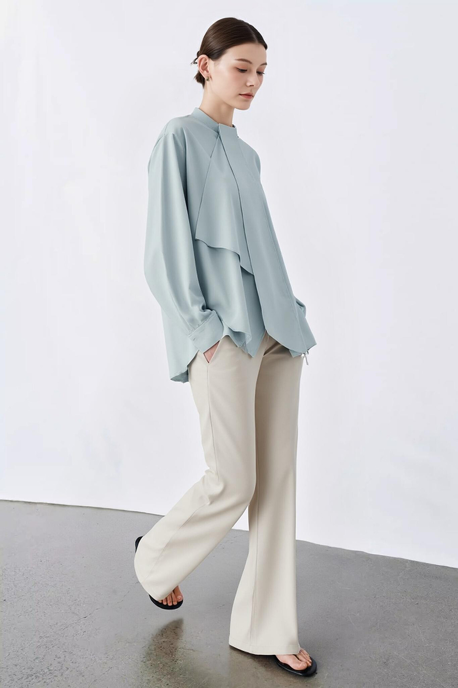 Beaded Ribbon Stand Collar Shirt|AMII