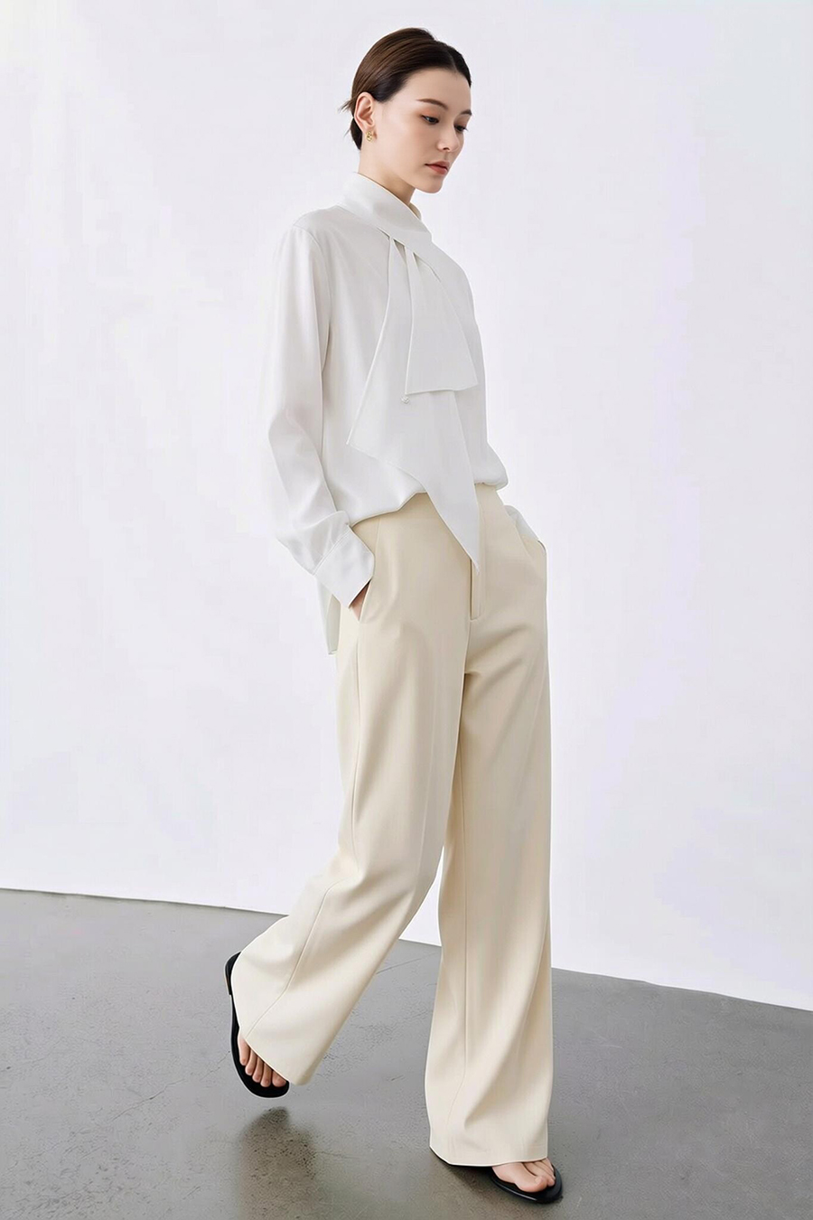 Beaded Ribbon Stand Collar Shirt|AMII