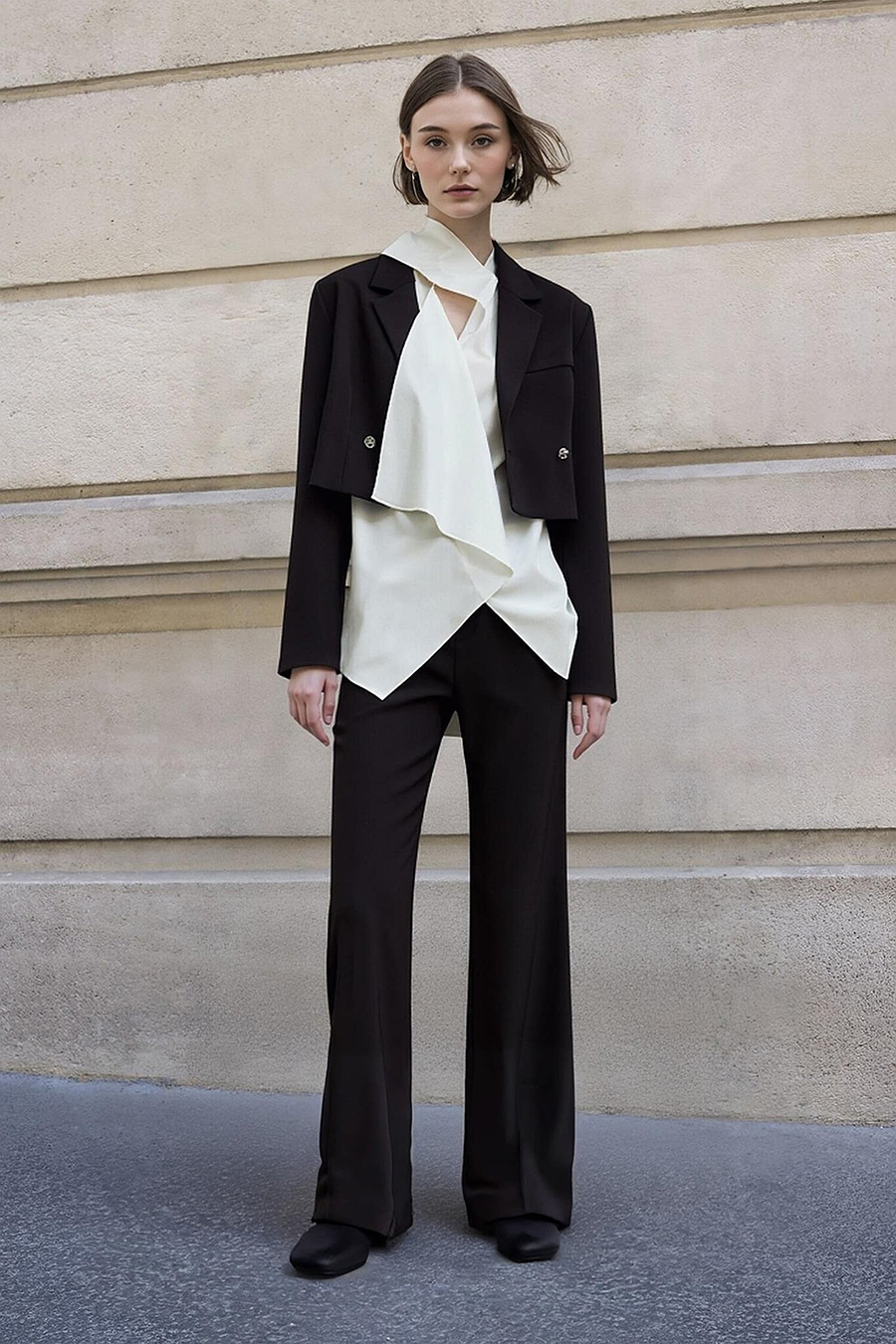 Beaded Ribbon Stand Collar Shirt|AMII