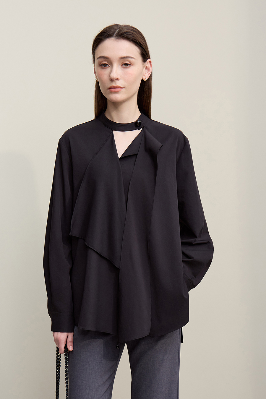 Beaded Ribbon Stand Collar Shirt|AMII-AMII.com