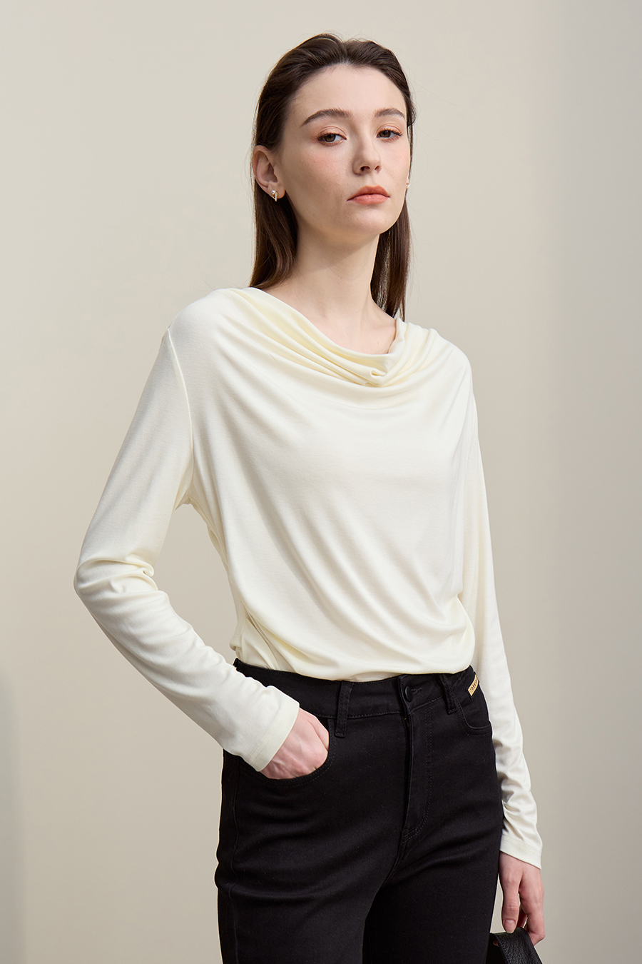 Versatile Cowl Neck Long Sleeve T-Shirt