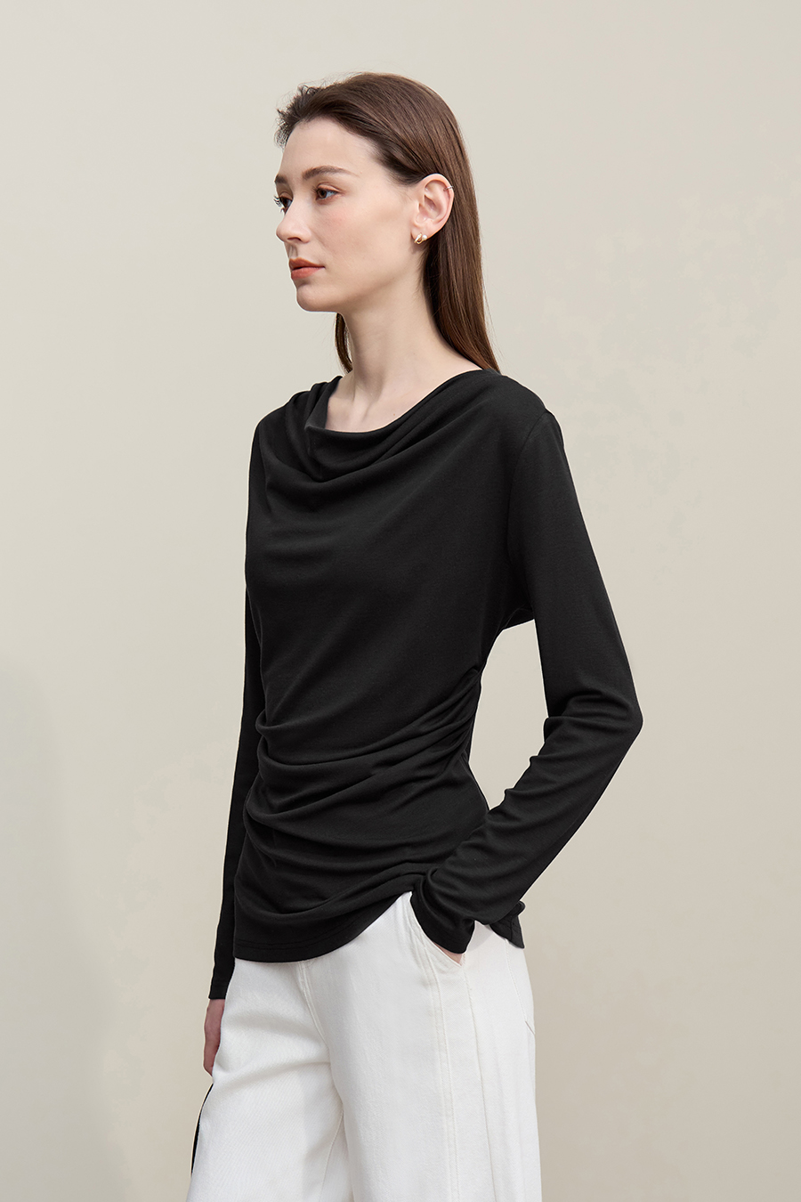 Versatile Cowl Neck Long Sleeve T-Shirt