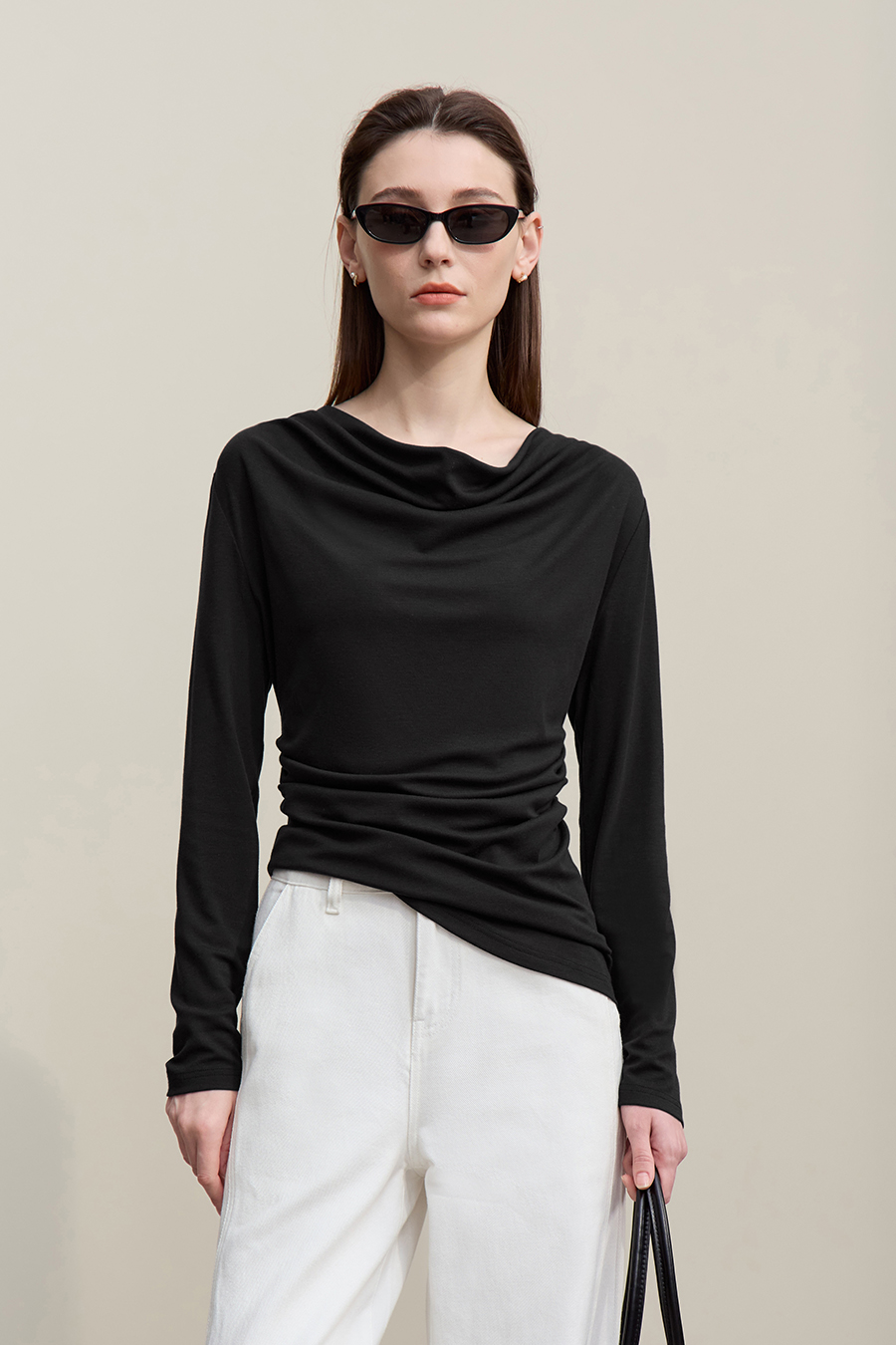 Versatile Cowl Neck Long Sleeve T-Shirt