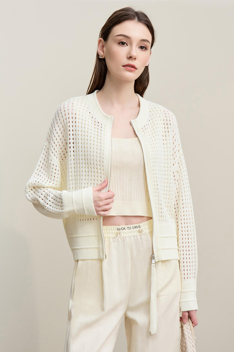 Zip-Up Hollow Knitted Cardigan