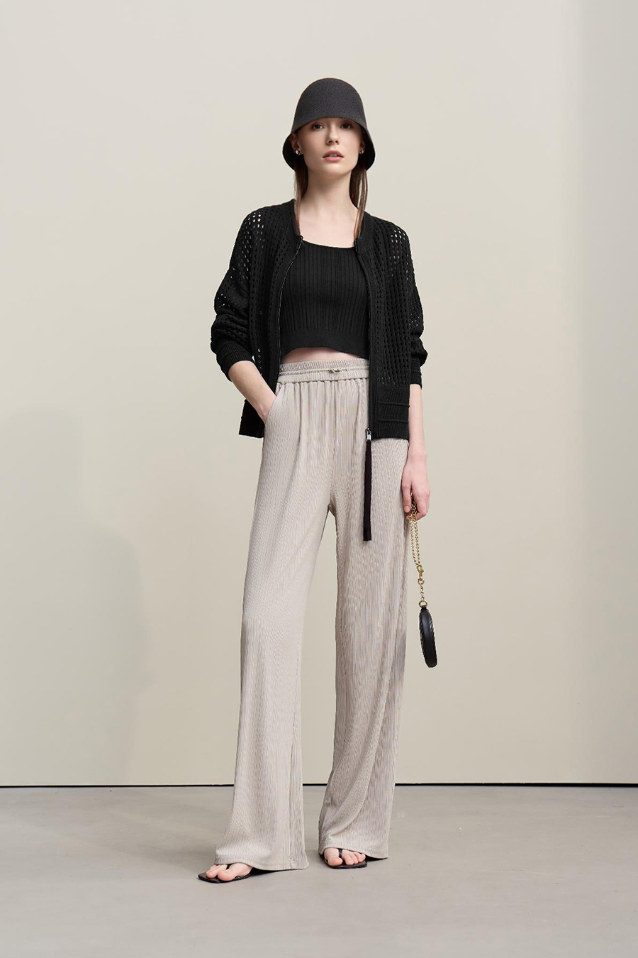 Zip-Up Hollow Knitted Cardigan