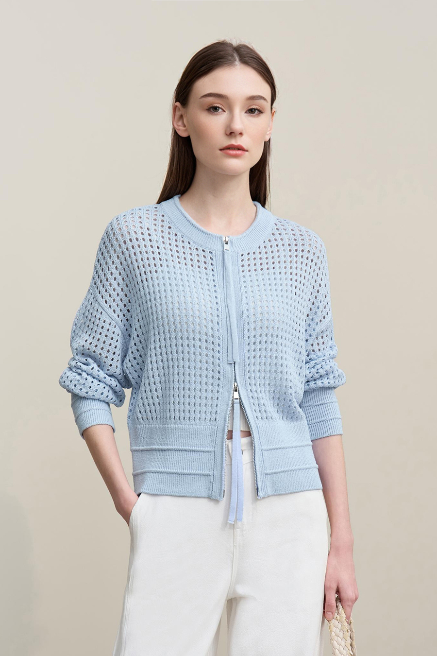 Zip-Up Hollow Knitted Cardigan