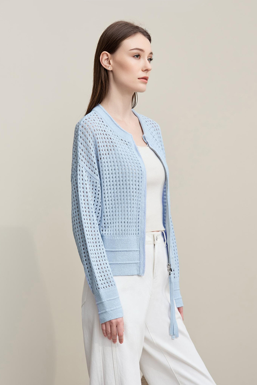 Zip-Up Hollow Knitted Cardigan