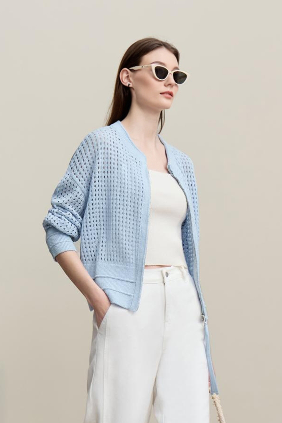 Zip-Up Hollow Knitted Cardigan